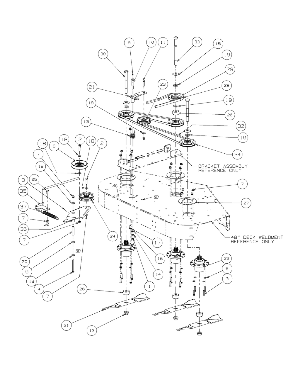 Fabricated Deck Spindle Assembly Diagram and Parts List for M48-KW 53AI8CTV750-23HP Cub Cadet Lawn Tractor